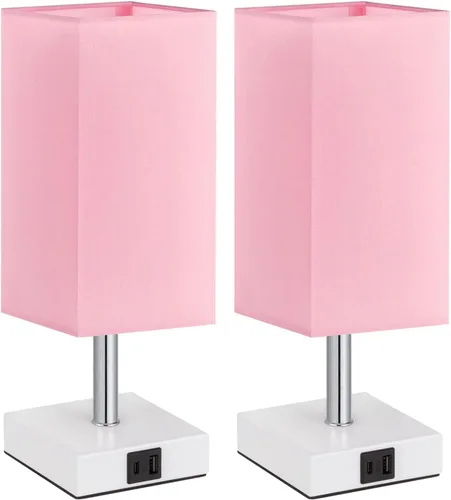 Vista 2 de Juego de 2 lámparas de mesa táctiles para dormitorio, regulables, USB C+A Rosa y blanco (2 piezas)