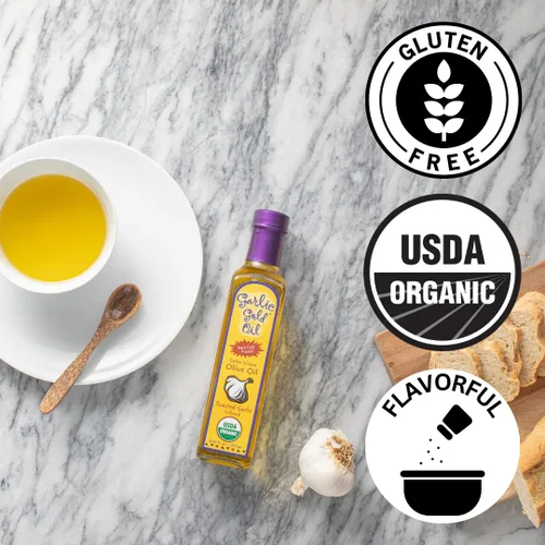 Vista 5 de Garlic Gold Aceite de oliva virgen extra infundido con ajo, certificado orgánico USDA premium, bajo FODMAP, prensado en frío (8.44 onzas líquidas)