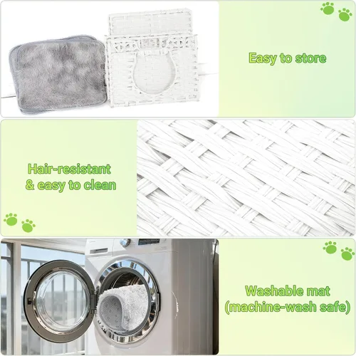 Vista 4 de Cueva de ratán tejida a mano para gatos con dos cojines, camas para gatos, casa de gatitos interior, impermeable y plegable, color blanco, 16.5
