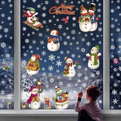 Vista 7 de 194 piezas de calcomanías de ventana de Navidad, copos de nieve y muñeco de nieve para ventanas de vidrio, decoraciones de Navidad para interiores