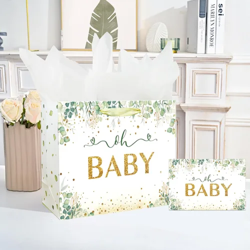 Vista 5 de Bolsa de regalo grande de 13" para bebé niño o niña para baby shower o cumpleaños con asa, papel de seda y tarjeta de felicitación (13" Verde)