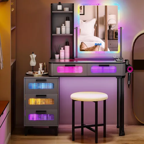 Vista 12 de Gurexl Escritorio LED de maquillaje con luces, juego de tocador con estación de carga, tocador LED con 3 cajones de almacenamiento para dormitorio