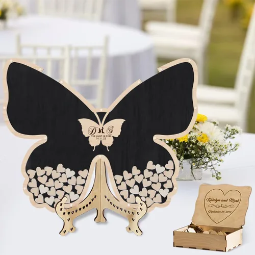 Vista 2 de Libro de invitados de boda de mariposa personalizado con corazones de madera, borde de madera personalizado, ideas alternativas, libro de invitados