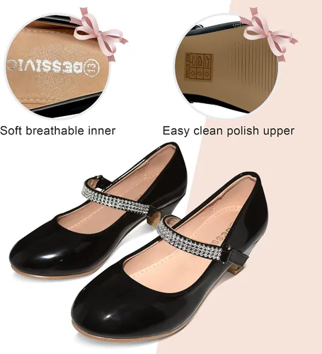 Vista 6 de BESSIVIC Zapatos de vestir para niñas, zapatos Mary Jane para niñas con tacón bajo, zapatos planos de ballet de flores de princesa para bodas