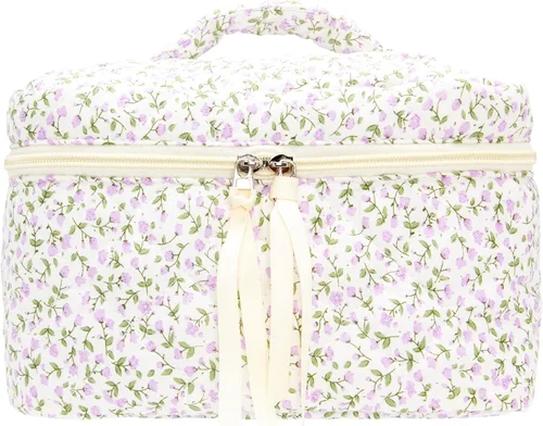 Vista 26 de PAZIMIIK - Bolsa de maquillaje de algodón para mujer, grande, acolchada para viaje, Rosa (Bow Pink), Vintage
