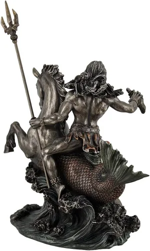 Vista 4 de Zeckos Poseidón griego Dios del mar sosteniendo Tridente en hipocampo Estatua de mesa de metal marrón oscuro/negro