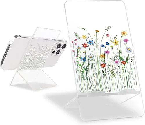 Vista 12 de Soporte de teléfono brillante para escritorio, bonito patrón de mármol verde transparente para niñas y mujeres, bonito soporte de acrílico