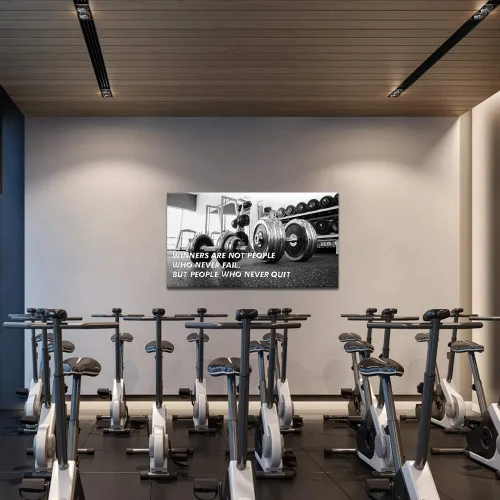 Vista 2 de SkenoArt Gimnasio motivacional arte de pared ganadores son aquellos que nunca renuncian decoración de pared con mancuernas en blanco y negro, lienzo