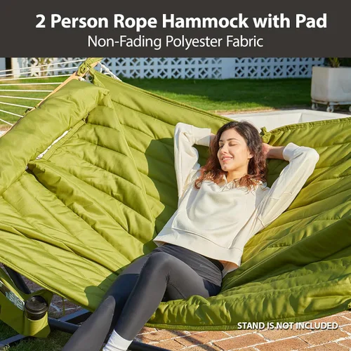 Vista 2 de CHULIM Hamaca doble para exterior con barras separadoras de madera dura, hamaca grande de cuerda con almohada de poliéster y cojín, capacidad de 475