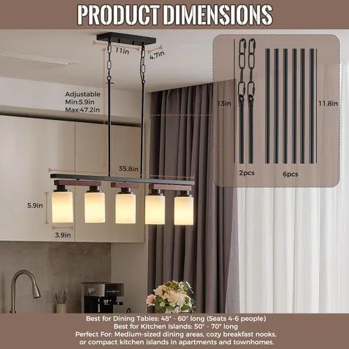 Vista 3 de Iluminación de isla de cocina de 5 luces y accesorios de luz de comedor de granja sobre mesa, colgante de techo rústico ajustable colgante lineal