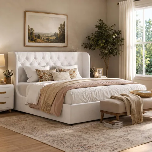 Vista 14 de HOMBCK - Marco de cama tamaño completo, base de cama tapizada en plataforma gris con cabecero, terciopelo acolchado, diseño de ala curvada, listones