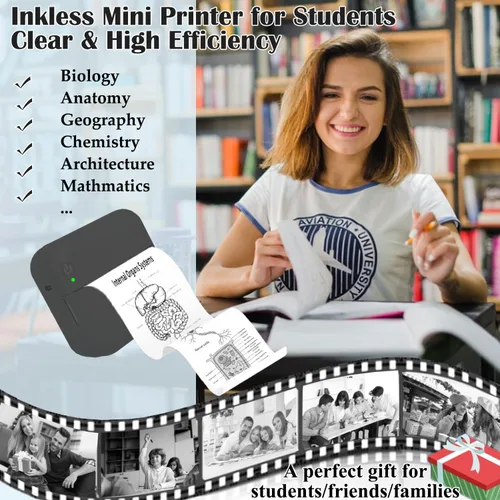 Vista 7 de Mini Impresora Térmica de Pegatinas sin Tinta con 14 Rollos de Papel, Compatible con iPhone/Teléfono Android/Tableta, Mini Impresora de Bolsillo