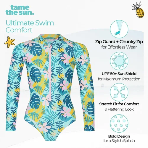 Vista 3 de Tame the Sun Traje de baño de manga larga para niña, con volantes, UPF 50+ con cremallera, traje de baño para edades de 3 a 12 años