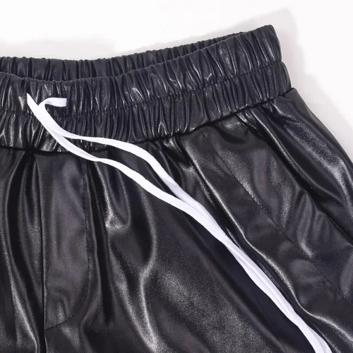 Vista 7 de Pantalones cortos de cuero para mujer, sexy, bolsillo de retazos, abertura lateral, con cordón