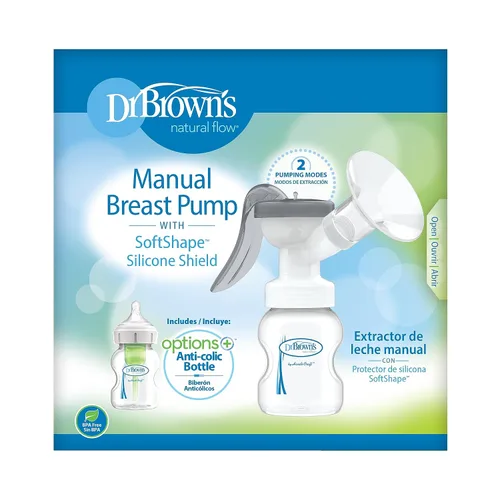 Vista 8 de Dr. Brown's Extractor de leche manual con escudo SoftShape 100% silicona (B, brida de 0.984 in) y opciones anticólicos+biberón de cuello ancho de 5