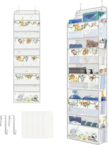 Vista 8 de Clastyle Organizador sobre la puerta del alfabeto de animales, diseño de león, mono, 5 estantes, armario, guardería, estantes colgantes, ropa