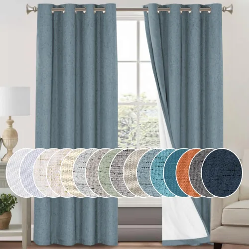 Vista 108 de Cortinas con textura de lino 100% opacas de 64 pulgadas de largo, juego de 2 paneles de cortinas de lino opacas con forro aislante térmico que Arena