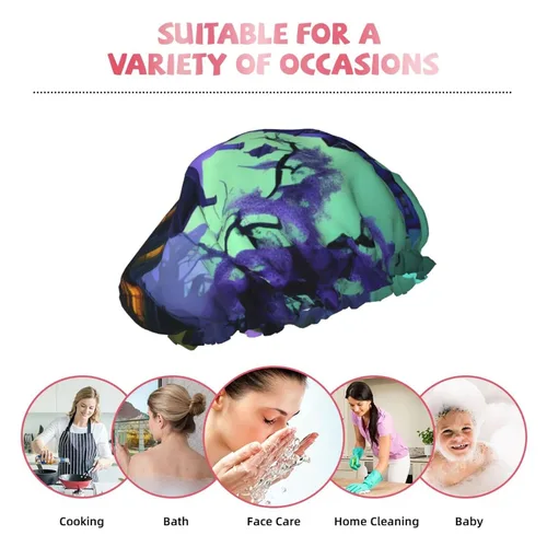 Vista 9 de Gorro de ducha reutilizable con estampado de mansiones embrujadas negras para mujer, doble capa impermeable, gorro de baño de secado rápido