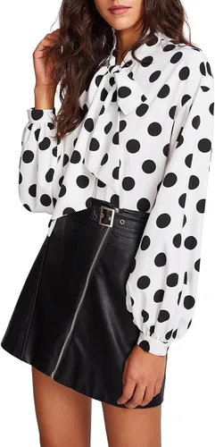 Vista 4 de Floerns - Blusa a lunares para mujer, de manga larga estilo linterna, cuello estilo corbatín