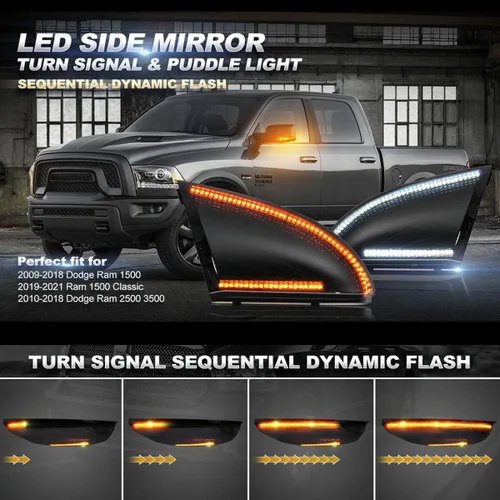 Vista 2 de Para Dodge Ram 1500 2009-2018, Ram 2500 3500 2010-2018 Espejo lateral Señal de giro blanco DRL Luz de remolque Asamblea Blinker Puddle Lamp Lente