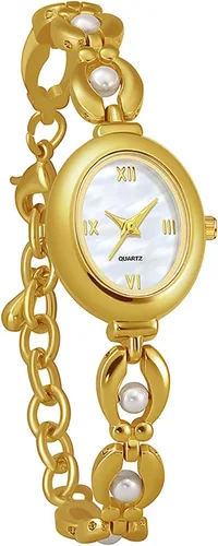 Vista 18 de ADSBIAOYE Elegante reloj de perlas para mujer, reloj de vestir con esfera ovalada, regalo, reloj impermeable para mujer 01 Oro blanco