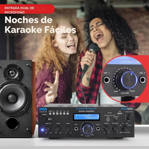 Vista 4 de Pyle PDA6BU.7 - Amplificador de potencia Bluetooth - Receptor estéreo de doble canal de 200 W con karaoke fácil - Micrófono con Echo, reproductor