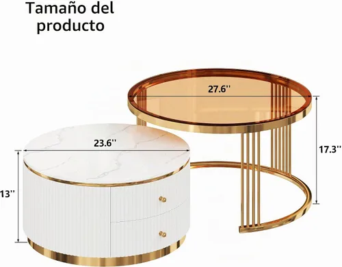 Vista 2 de Moderna mesa de centro redonda de 2 piezas con cajones y tapa de vidrio templado marrón en 27.6 pulgadas marrón + blanco (brown+white)