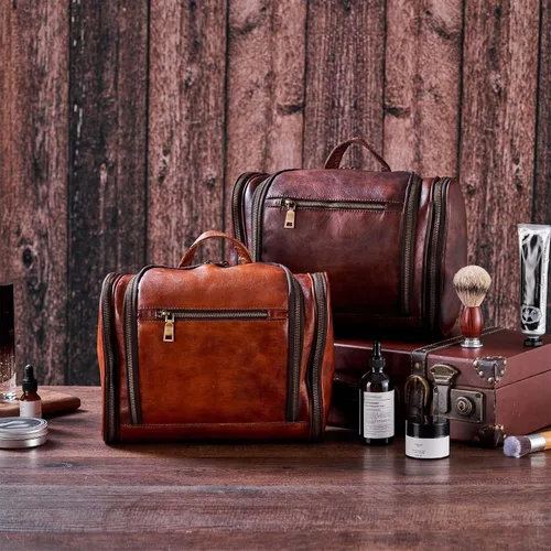 Vista 3 de Neceser para hombres y mujeres con gancho para colgar, cuero de grano completo hecho a mano, kit de viaje vintage, bolsa de cosméticos de cuero