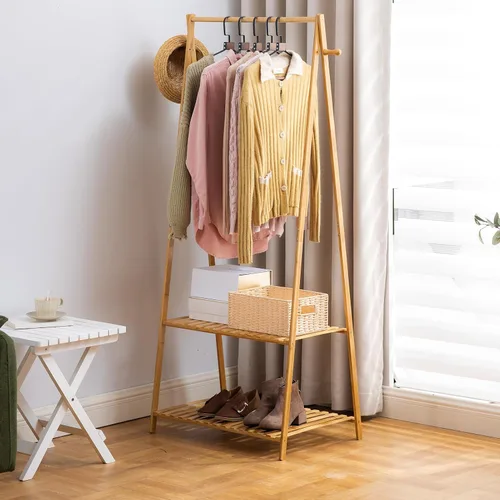 Vista 3 de Perchero de bambú con barra superior para colgar ropa, 2 ganchos laterales y 2 estantes inferiores de dos niveles – Organizador que ahorra espacio