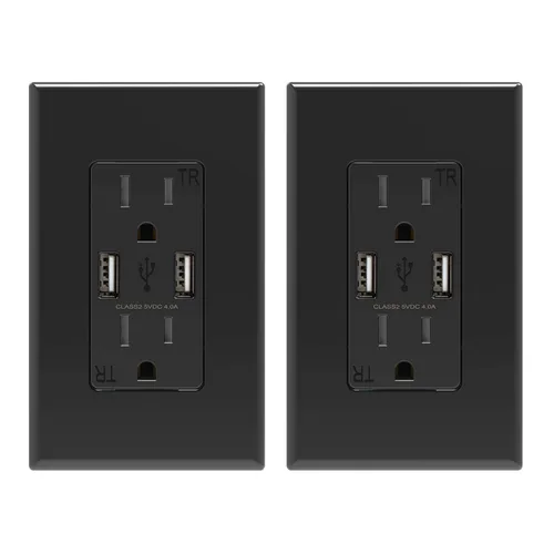 Vista 7 de ELEGRP Receptáculo de toma de pared USB con puertos USB duales de 4.0 A, receptáculo dúplex resistente a manipulaciones de 15 amperios, toma de Negro