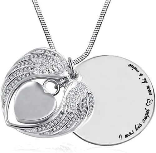 Vista 2 de weikui Collar con colgante de urna de cenizas de recuerdo conmemorativo de ala de ángel, I was hisher angel now he'sshe's mine, joyería de cremación