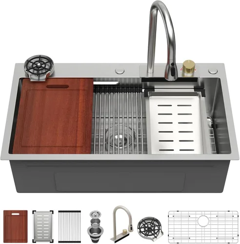 Vista 35 de Sarlai - Fregadero de cocina de cascada de 31 pulgadas, de montaje superior - 31x20 Fregadero de cocina con borde y estación de trabajo, de acero
