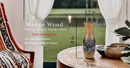 Vista 2 de AeraVida Jarrón de madera tallada a mano de hibisco y mango de 8 pulgadas Florero decorativo de madera en forma de botella marrón para sala