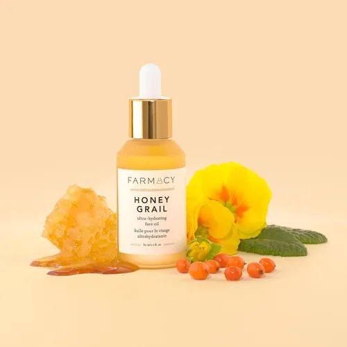 Vista 4 de Aceite facial hidratante Farmacy Honey Grail - Aceite nutritivo para piel y cabello - Infundido con espino amarillo, rosa mosqueta y miel de trigo