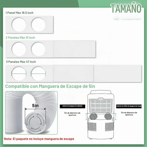 Vista 2 de Kit de sellado de ventana de aire acondicionado portátil de doble manguera, kit de ventilación de ventana ajustable de 5 pulgadas de diámetro
