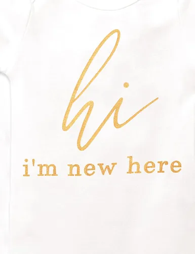 Vista 6 de Conjunto de 4 piezas de ropa para bebé recién nacida con texto en inglés Im New Here, Blanco a