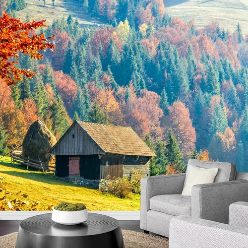 Vista 3 de SIGNWIN Adhesivo mural removible para pared, otoño, campo, cabaña, bosque, naturaleza, desierto, fotografía, realismo, paisaje decorativo, colorido