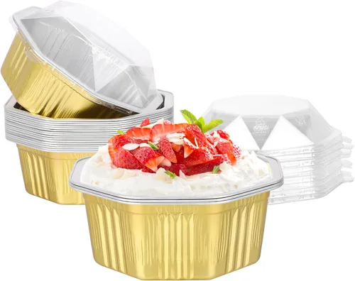 Vista 20 de Beasea Tazas desechables para hornear con tapas, juego de 50 unidades, 13.5 oz 400 ml, ramekins de aluminio con tapa de papel de aluminio, moldes