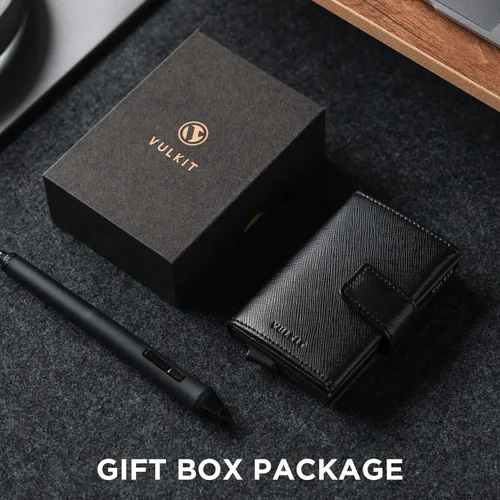 Vista 6 de VULKIT Cartera desplegable de piel auténtica, tarjetero automático de tarjetas de crédito con bloqueo RFID, cartera de bolsillo plegable con ranura