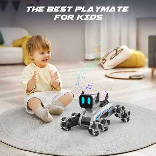Vista 7 de SIMREX Robot Perro RC Coche de Acrobacias Juguetes - Coche de control remoto con detección de gestos con ruedas Mecanum, ojos LED, 3 efectos