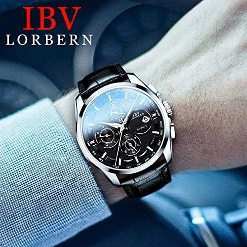 Vista 3 de Swiss Brands - Reloj automático de acero inoxidable con correa de piel auténtica marrón para hombre