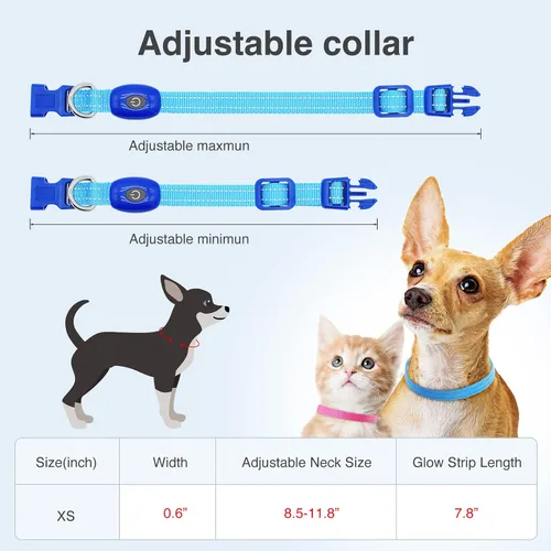 Vista 5 de YFbrite Collar LED para perro XS, ligero collar para gato, cómodo collar de cachorro iluminado, recargable por USB, luz de seguridad ajustable
