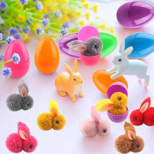 Vista 3 de 48 huevos de Pascua rellenos con mini conejito de peluche, juguetes de Pascua para fiesta de Pascua, juegos de caza en interiores y exteriores