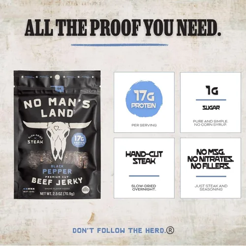 Vista 3 de No Mans Land Beef Jerky - Pimienta negra Tiras de carne seca secadas lentamente, ahumadas y sazonadas Bocadillo de carne de res alto