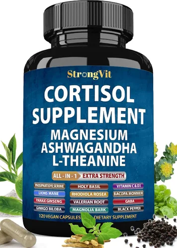 Vista 10 de StrongVit Suplementos de cortisol para mujeres y hombres con magnesio, ashwagandha y L-teanina. Reductor alto de cortisol, gestor, desintoxicación