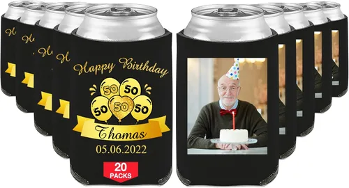 Vista 73 de Fundas enfriadoras de latas de cumpleaños, soporte personalizado para botellas de cerveza a granel con nombre de foto, suministros para fiestas