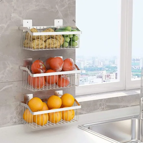 Vista 5 de Cestas de alambre de metal de acero inoxidable montadas en la pared para organización y almacenamiento de cocina, cesta de frutas colgante