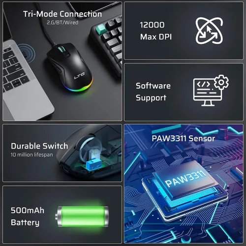 Vista 2 de LTC GM025 - Ratón inalámbrico trimodo para juegos, sensor PAW3311 de 12000 DPI, mouse ergonómico de 2.4 GHz/BT/cableado, 6 botones programables