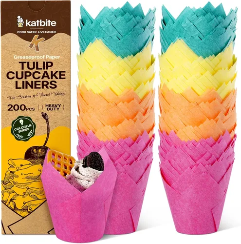 Vista 10 de Forros para magdalenas de tulipán Katbite 200 unidades, tazas para hornear magdalenas ProSmooth color marrón