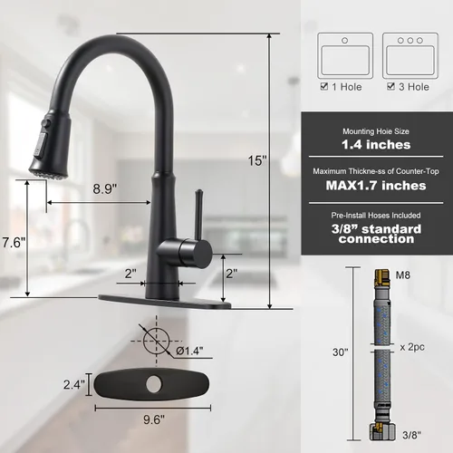 Vista 2 de WOWOW Grifos de cocina negro mate con rociador extraíble, grifo de fregadero de cocina de acero inoxidable para fregaderos de 1 o 3 agujeros, grifo